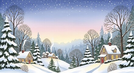Cozy snow covered village nestled among winter trees at dusk