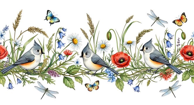 Watercolor border of birds poppies and butterflies in a meadow
