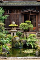 Traditional Japanese garden with a stone lantern, pond, and wooden house details