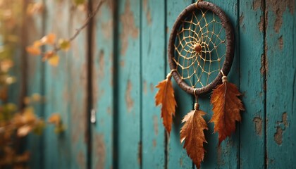 Dream catcher photo with hanging autumn leaves on a textured teal wood wall. The native American decor is boho chic style. Perfect for fall season and home decorations.
