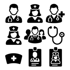 Medical icons set featuring doctors, nurses, stethoscope, and identification badges