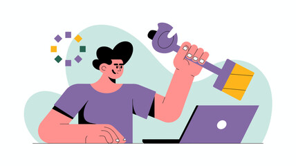 Man with wrench fixing laptop computer with abstract shapes and icons in the background representing technology and problem solving