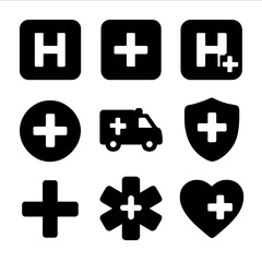 Obraz premium Black medical icons on gray background featuring ambulance and hospital symbols