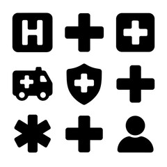 Obraz premium Medical icons set featuring crosses, ambulance, shield, hospital, and person symbols