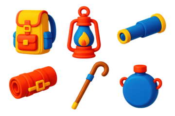 Exploration Gear Icons. 3D icon set of exploration gear: backpack, lantern, telescope, map case, walking stick, canteen. A set of