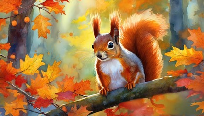 Fototapeta premium A vibrant red squirrel sits on a branch, surrounded by autumn leaves