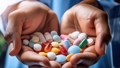 Hands holding a variety of pills and capsules with soft focus