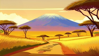 A stylized illustration of Mount Kilimanjaro with a winding dirt path in the foreground.