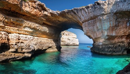 Fototapeta premium A natural rock arch above calm turquoise waters under a sunny blue sky.