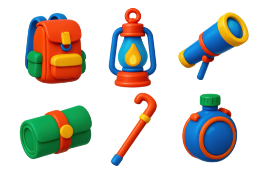 Exploration Gear Icons. 3D icon set of exploration gear: backpack, lantern, telescope, map case, walking stick, canteen. A set of