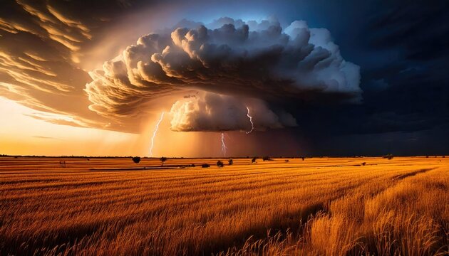 A massive supercell thunderstorm forming over golden fields, with lightning strikes illuminating the sky.