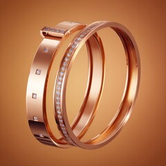 Two rose gold bangles, one with diamonds, a square gem clasp on top of a warm gradient background