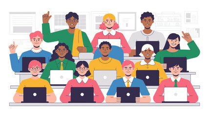 Diverse group of students and educators engaged in learning and discussion in a modern classroom setting with laptops