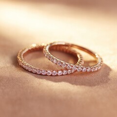 Two delicate rose-gold eternity rings rest on a textured beige surface in soft light