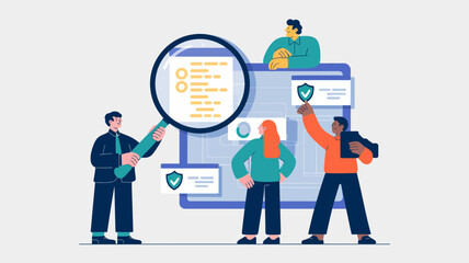 Diverse team of professionals collaborating on digital security and data protection with magnifying glass and shield icons