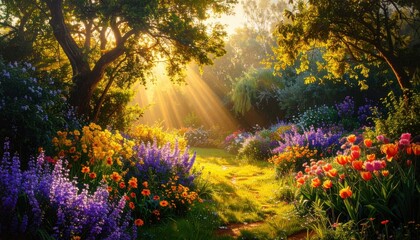 Colorful garden path with tulip and wildflower bloom under golden rays conveying joy of spring festivals renewal and outdoor gatherings in european countryside