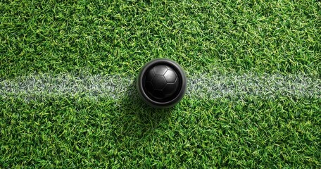Black sphere in focus on a green lawn with a white line, mimicking a soccer field