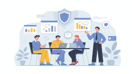 Obraz premium Diverse team collaborating on data analysis and cybersecurity strategy in a modern office setting