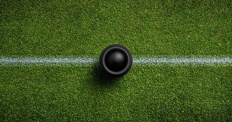 A dark sphere centered on a white line, set within lush green grass