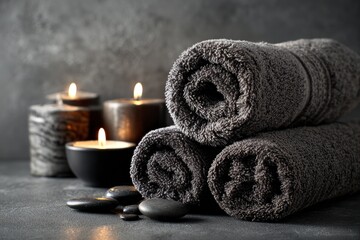 Rolled gray towels, lit candles, and smooth stones evoke spa relaxation on a neutral surface