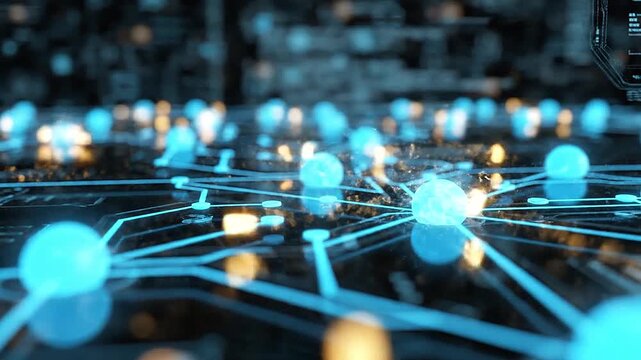 Pulsing nodes sending data packets along glowing pathways on a blurred tech interface.