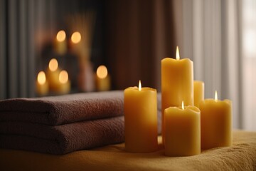 Spa setting with lit candles, folded towels, and warm lighting. Serene and inviting