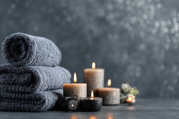 Stacked folded towels, lit candles & greenery, creating a serene spa atmosphere