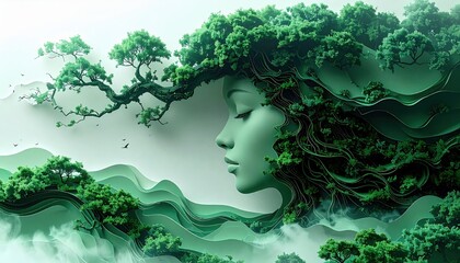 Dreamlike composition of woman merging with forest landscape evoking spirit of mother earth concept of life cycle nature rebirth and environmental unity rendered in layered green tones