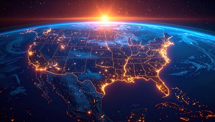 A view of the United States glowing with golden city lights seen from space at sunrise, representing global connectivity, technology, and human impact on the planet
