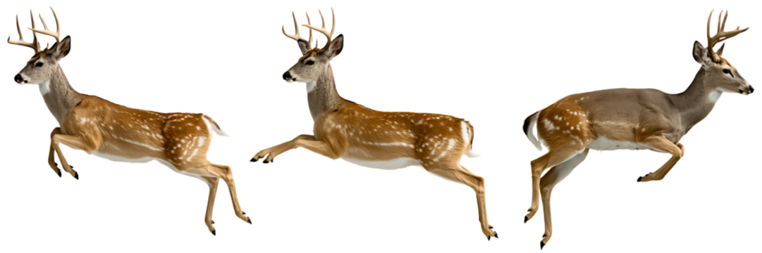 Set of three graceful deer leaping in mid air with large antlers and brown fur, isolated on transparent background