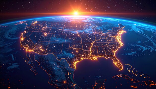 A view of the United States glowing with golden city lights seen from space at sunrise, representing global connectivity, technology, and human impact on the planet