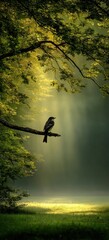 A small bird perches on a branch, bathed in light filtering through lush green foliage