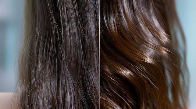 Before and after hair comparison with batana oil treatment, showing transformation from dry frizz to smooth glossy strands.