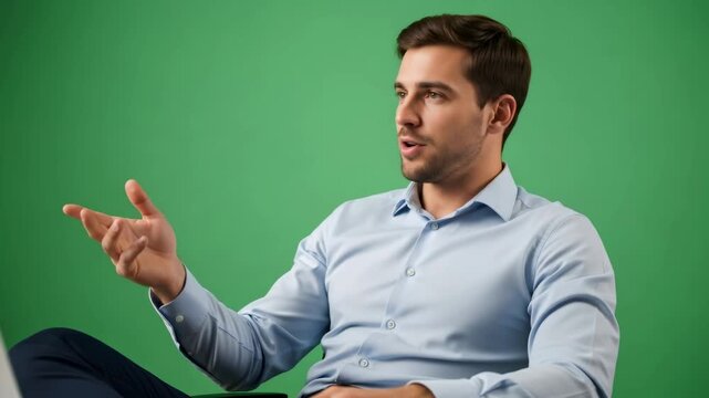 Caucasian man sitting and talking in a business meeting, explaining with hand gestures against a green screen. Interview footage.