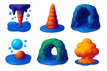 Vibrant Underwater Icons. 3D icon set of underwater caves: stalactite, stalagmite, narrow tunnel, air pocket, rock arch, silt