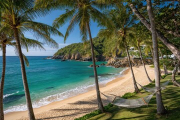 Lush tropical beach scene with palm trees, turquoise water, and golden sand; hammocks too