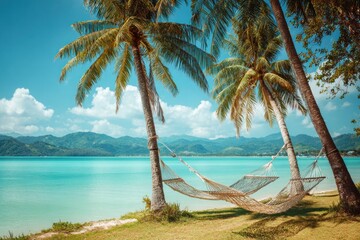 Tropical scene palm trees frame a tranquil beach with hammocks, turquoise water, and distant hills