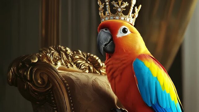A vibrant parrot sits majestically on an ornate golden chair, adorned with a royal crown that enhances its colorful feathers. This parrot, with its bright orange and blue plumage,