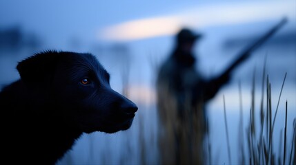 Black dog and hunter in foggy wetlands at dawn