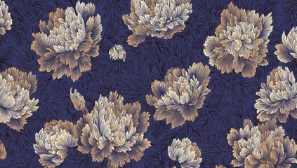 Complex floral pattern in shades of cream, tan, and navy blue. Detailed flowers on swirling texture