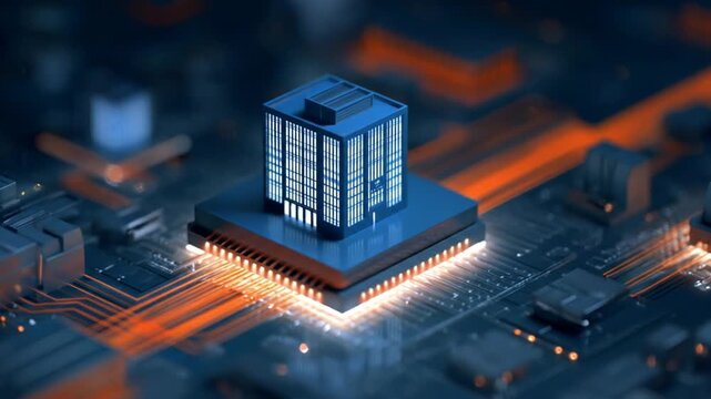 Abstract digital building atop a circuit board showcasing data and technology