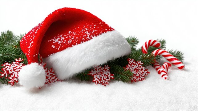 Festive red santa hat with snowflakes and candy canes on snowy pine branches