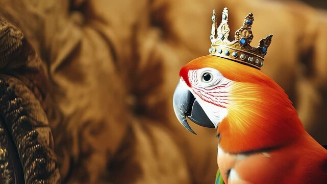 A colorful parrot wears a golden crown, sitting elegantly on a plush chair. The parrot's vibrant feathers and regal crown highlight its majestic presence in the luxurious setting.