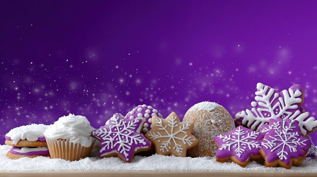 Festive purple snowflake cookies and cupcakes with icing on a sparkling winter background - Powered by Adobe