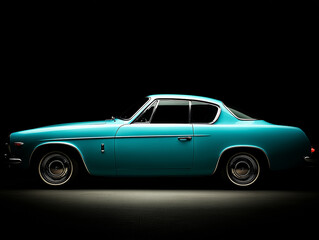 Eleganckie turkusowe coupe w stylu retro, widoczne z profilu, oświetlone punktowo na czarnym, dramatycznym tle. Luksusowy oldtimer.