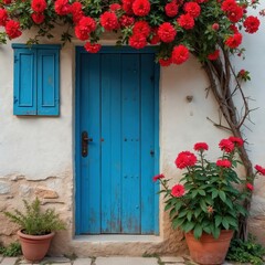 Obraz premium Bright blue wooden door with blooming red flowers arching over. Small green plant sits in pot beside weathered white wall. Simple window shutters match door color, creating charming facade.