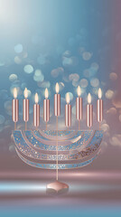 Decorative Hanukkiah with glowing candles and shimmering bokeh background, symbolizing the Festival of Lights during Hanukkah, concept of holiday decorations or event planning