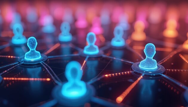 Network of glowing avatars connected by neon lines. Digital representation of community and connectivity in a futuristic cyberspace. Data flow in abstract digital world.