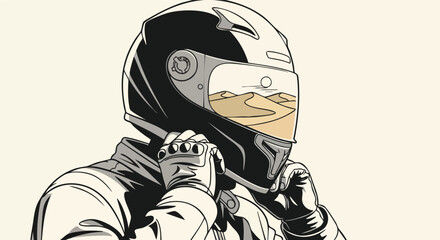 Naklejka premium A close-up vector illustration shows a racer wearing a helmet with a desert landscape reflected in the visor