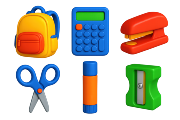 Vibrant School Supplies Icons. 3D icon set of school supplies: backpack, calculator, stapler, scissors, glue stick, sharpener. A